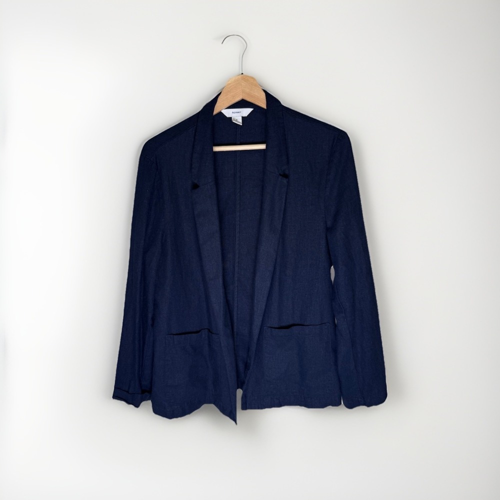 Old Navy Women Navy Blue Medium Linen Blend Jacket Open Front Lightweight NWT
